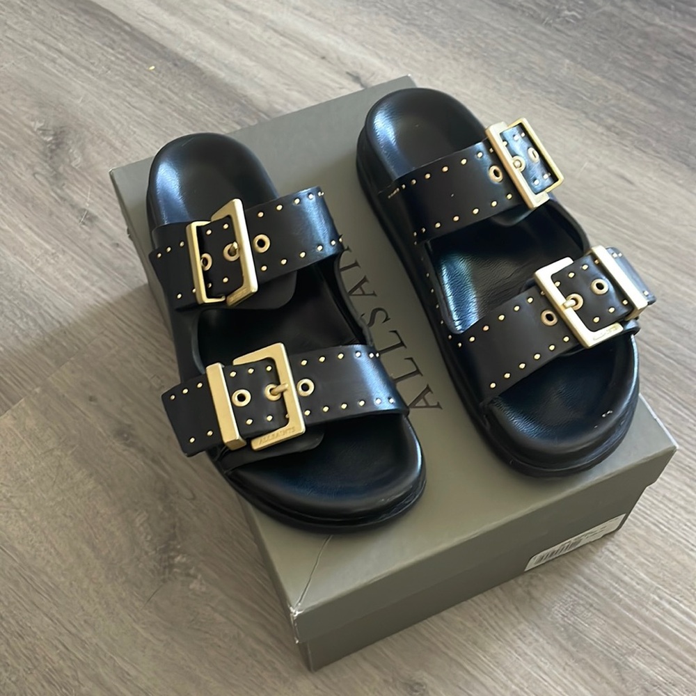 Mae all saints black leather and gold sandals